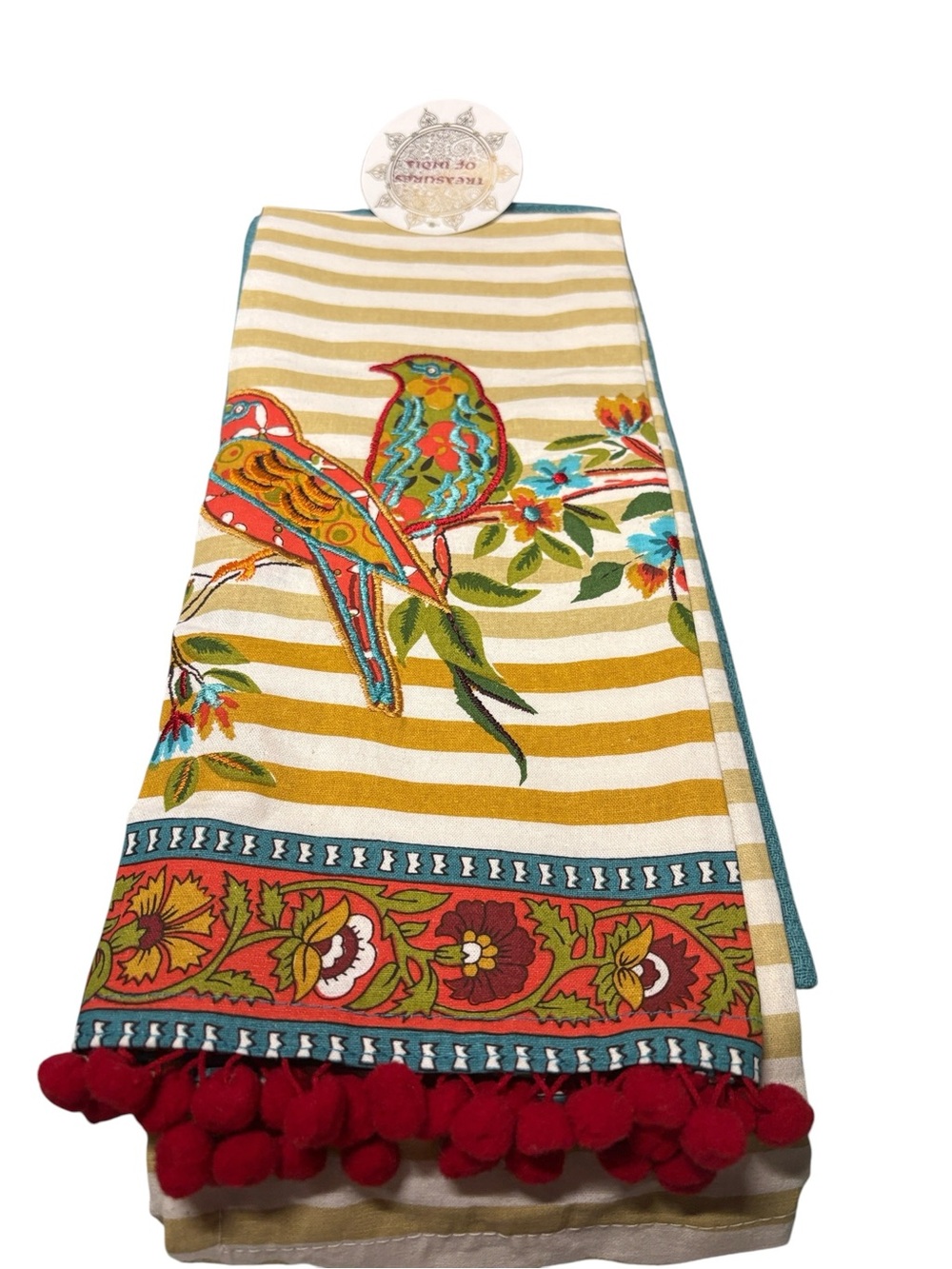 Treasures of India Set of 2 Embroidered Bird & Pom-Pom Kitchen Towels